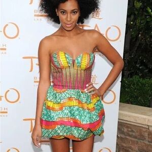 Boxing Kitten Tam Tam Strapless Peplum Vibrant Geometric Print Mini Dress sz 4